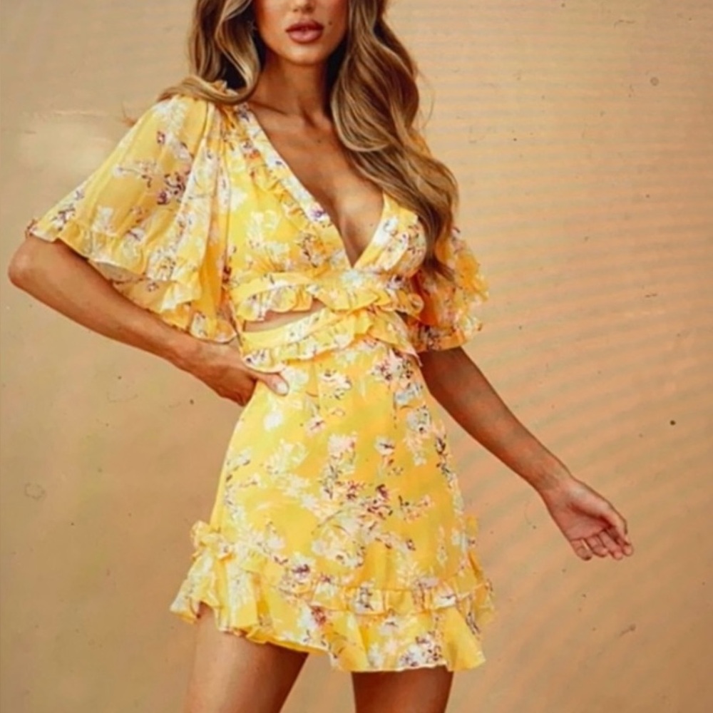 Yellow Floral Ruffle Mini Dress Open Back and Side Cut Outs